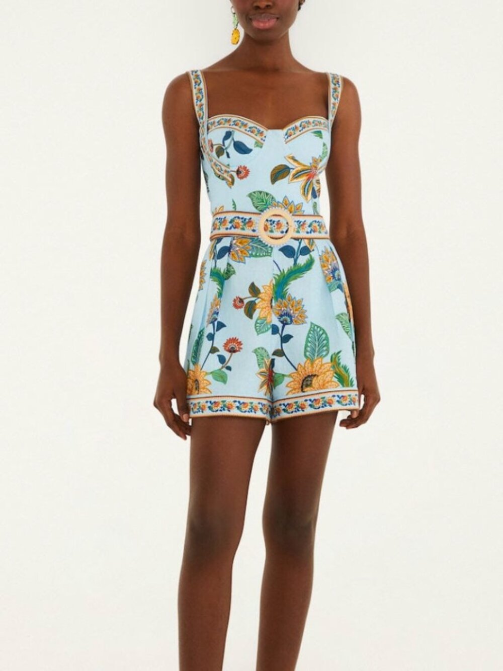 NWT FARM Rio Light Blue Floral Belted Romper with Yellow Accents